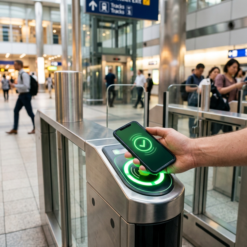 駅の自動改札機に緑色の画面のスマートフォンをかざして通過する手元のアップ