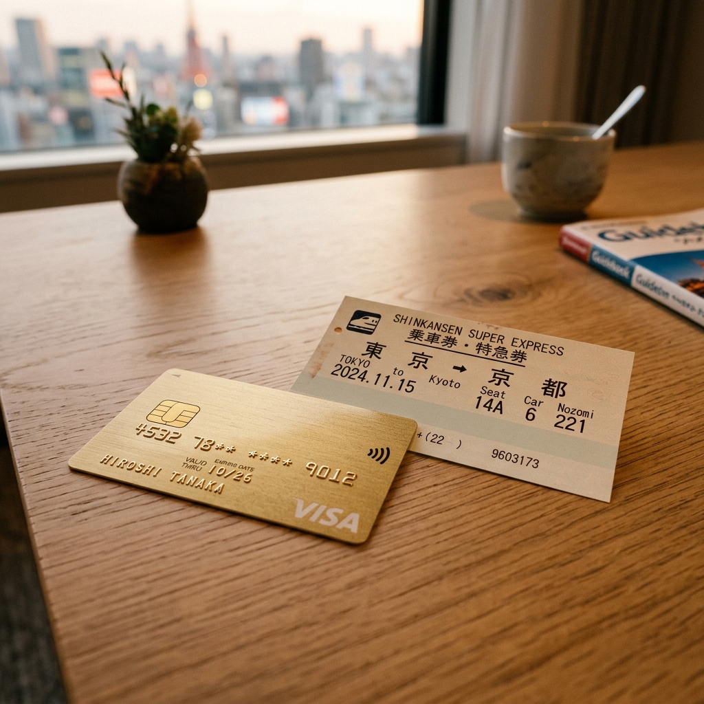 木製テーブルの上の新幹線のきっぷとゴールドのクレジットカード