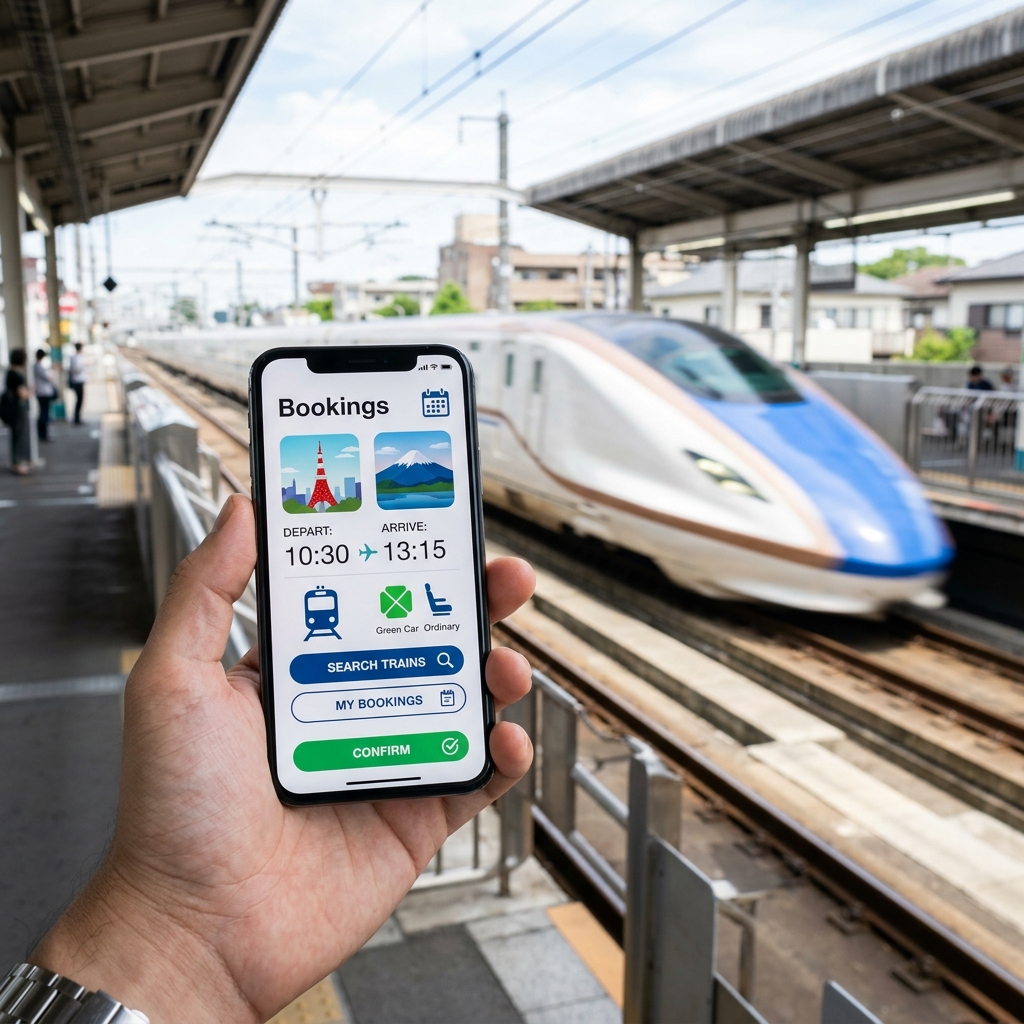 スマホアプリでのきっぷ購入 スマートフォンに表示された旅行の予約画面と背後に見える新幹線