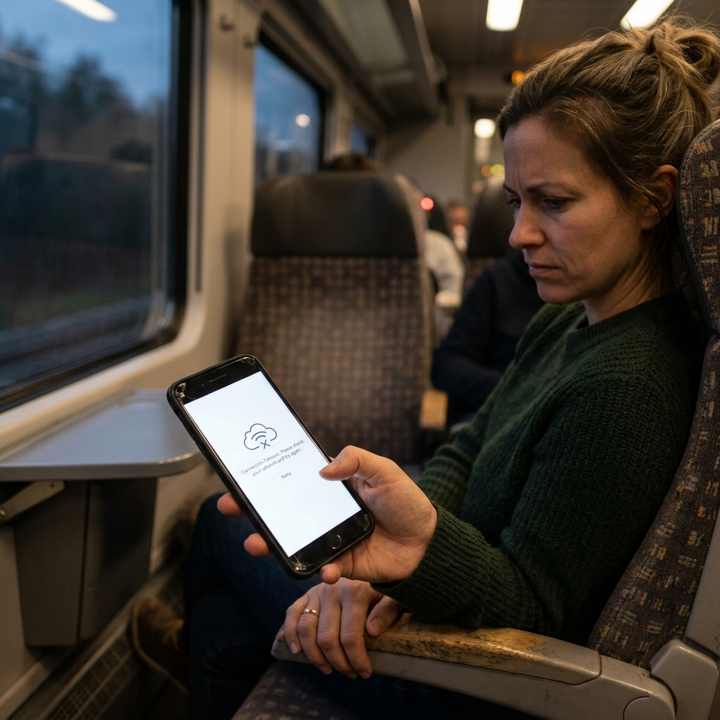 車内Wi-Fiの接続エラー画面 スマートフォンの画面に通信エラー警告が表示され困惑する乗客のクローズアップ