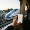 新幹線の座席に座りスマートフォンでWi-Fiの接続設定画面を操作する乗客の手元