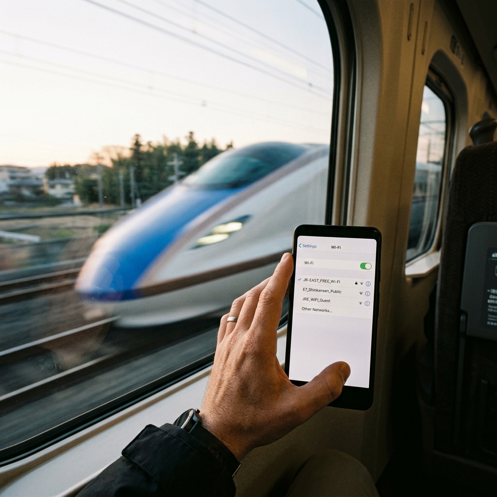 新幹線の座席に座りスマートフォンでWi-Fiの接続設定画面を操作する乗客の手元