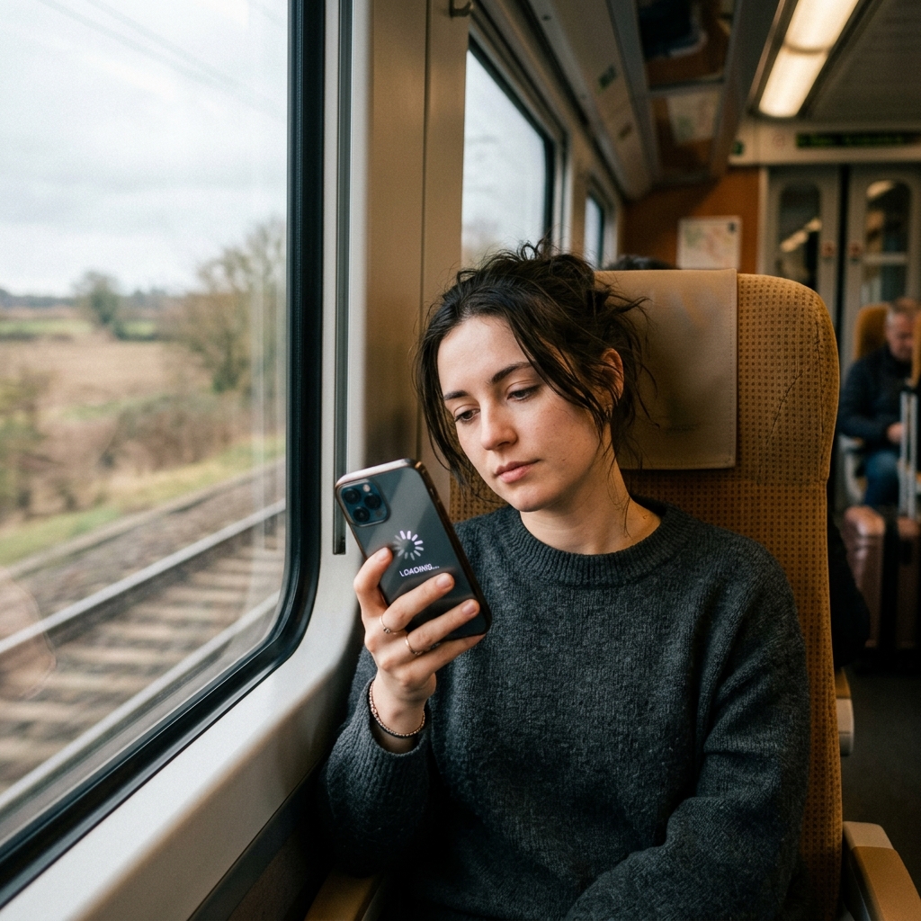 車内Wi-Fi接続の遅延トラブル 新幹線内でスマートフォンを見つめ無料Wi-Fiのインターネットロードが終わらずに困っている乗客の様子