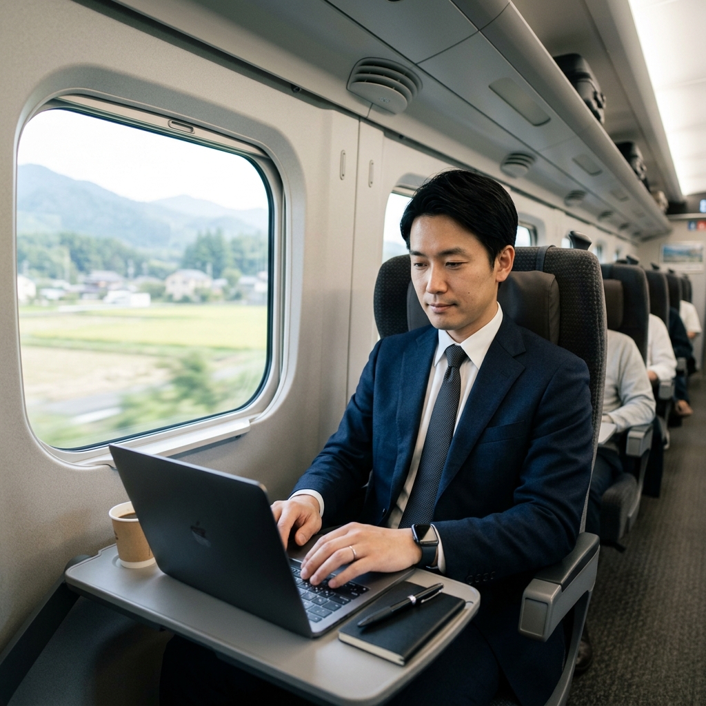 新幹線の車内Wi-Fiで仕事 新幹線の座席テーブルでノートパソコンを開いて集中して作業を行う男性