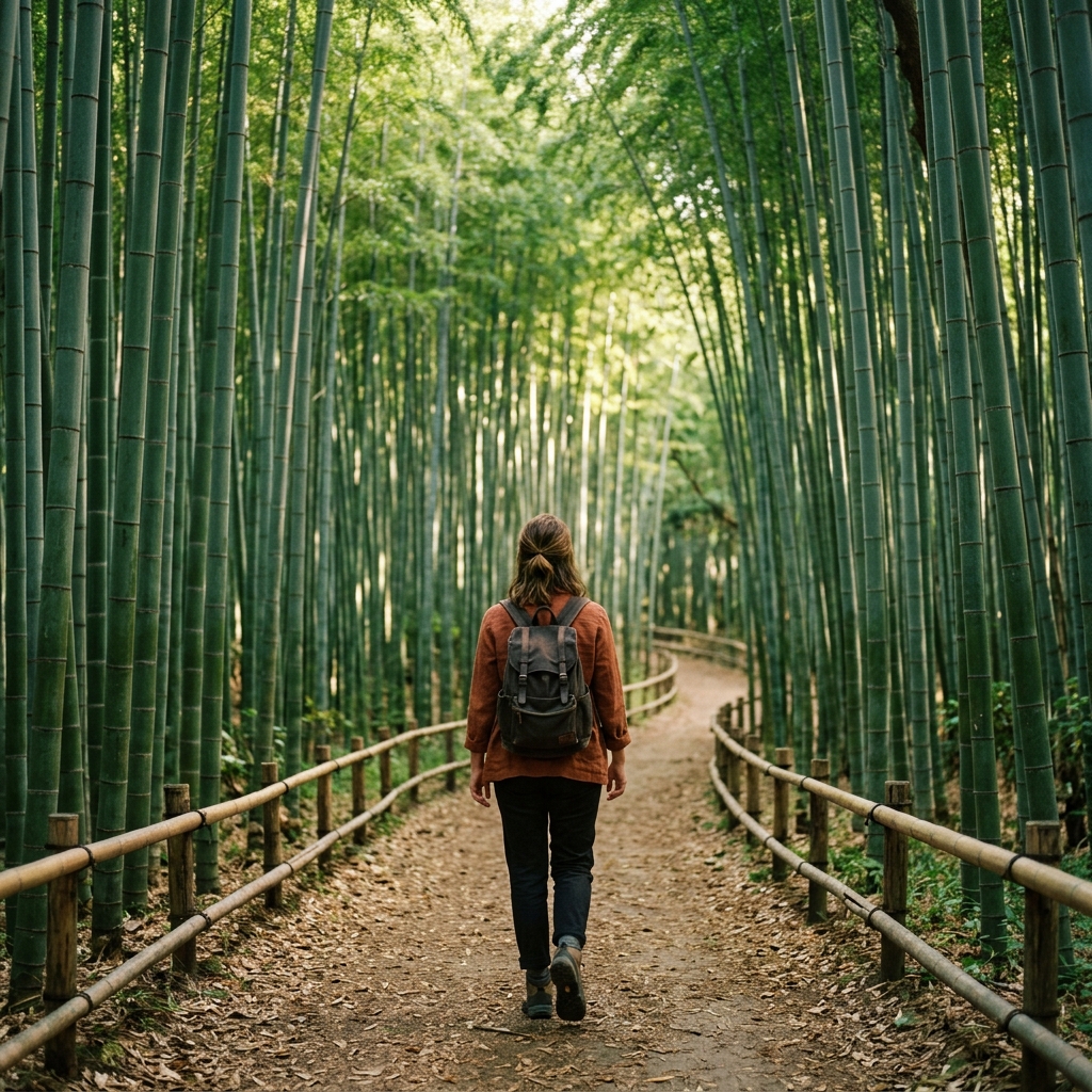 木漏れ日の差し込む美しい京都の嵐山竹林の小径