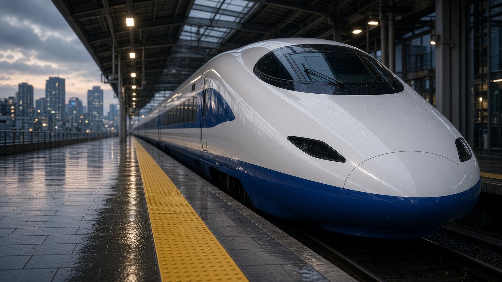 雨のホームに停車する東海道新幹線。EX予約とスマートEXの違いを解説する記事のアイキャッチ