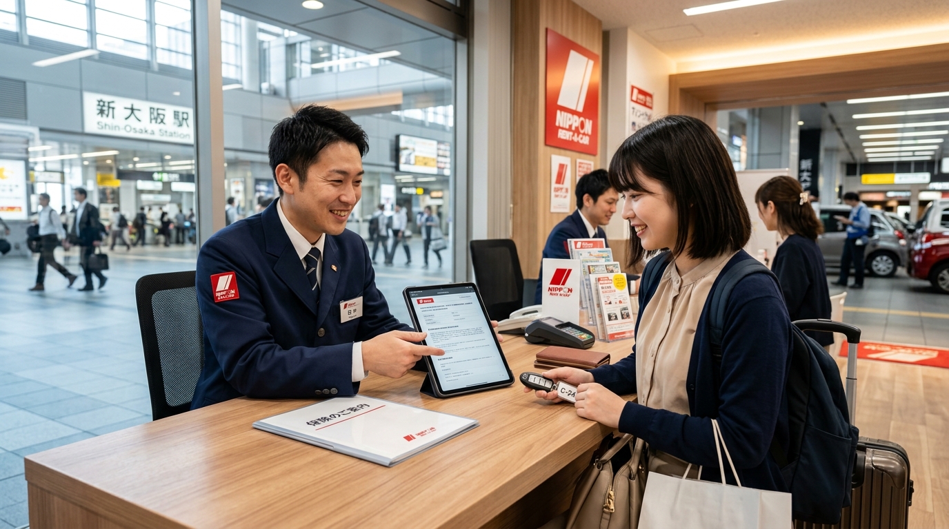 新幹線駅前のレンタカー受付カウンターでスタッフが案内する様子