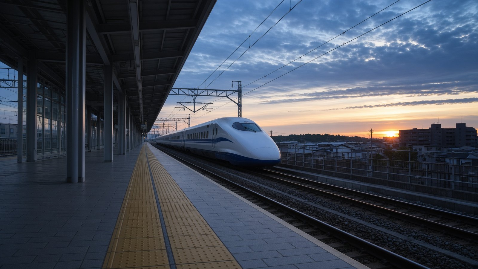 早朝のホームに停車する新幹線。通勤で使うFREX定期券の解説用
