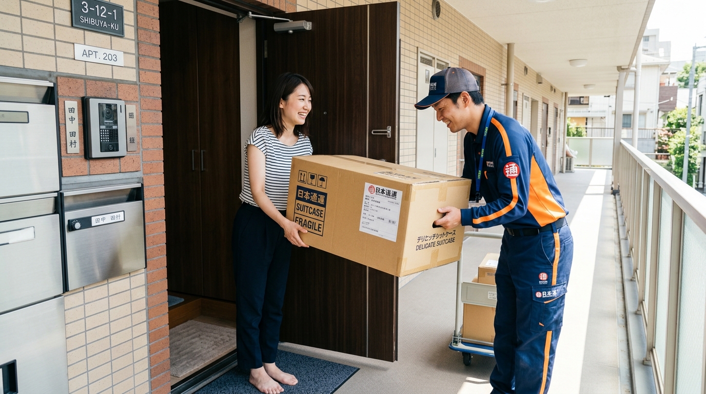 自宅の玄関で配送員からスーツケースの梱包箱を受け取る様子